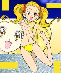 Rule 34 | 00s, 1girl, barefoot, bikini, blonde hair, choker, collarbone, eyelashes, feet, jumping, kasugano urara (yes! precure 5), looking at viewer, navel, open mouth, own hands together, precure, side-tie bikini bottom, smile, solo, swimsuit, toes, twintails, yellow eyes, yes! precure 5