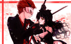 Rule 34 | 1boy, 1girl, adam taurus, artist name, black bow, black choker, black dress, black gloves, black hair, black suit, blake belladonna, bow, breasts, choker, cleavage, clothing cutout, commentary request, copyright name, curly hair, dated, dress, eye mask, fighting, formal, from side, gloves, hair bow, holding, holding sword, holding weapon, large breasts, long hair, looking at another, mask, parted lips, red hair, red shirt, rwby, shirt, short hair, side cutout, sidelocks, suit, sword, tomo (tomo201403go), twitter username, weapon, yellow eyes