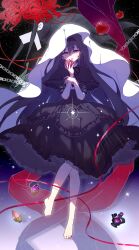 Rule 34 | 1girl, absurdres, akemi homura, apple, barefoot, black capelet, black dress, black hair, black hairband, capelet, chain, commentary, dress, dual persona, floating, floating object, flower, food, frilled capelet, frilled dress, frills, fruit, full body, hair between eyes, hairband, hands up, highres, holding, holding food, holding fruit, homulilly, layered dress, long hair, looking at viewer, mahou shoujo madoka magica, mahou shoujo madoka magica: hangyaku no monogatari, neck ribbon, night, night sky, open mouth, purple eyes, red ribbon, ribbon, risheng yueyin, sky, solo, soul gem, spider lily, star (sky), starry sky, veil