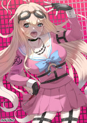 Rule 34 | 1girl, antenna hair, artist name, barbed wire, black gloves, blonde hair, blue eyes, bow, bowtie, breasts, collarbone, contrapposto, cowboy shot, danganronpa (series), danganronpa v3: killing harmony, dso, fingerless gloves, gloves, goggles, goggles on head, green bow, green bowtie, hair between eyes, hand on own hip, hand up, highres, holding, iruma miu, large breasts, long hair, long sleeves, looking at viewer, miniskirt, o-ring, pink background, pink skirt, pleated skirt, sailor collar, skindentation, skirt, solo, teeth, tongue, tongue out, upper teeth only, white sailor collar