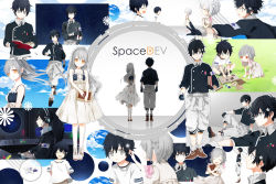 Rule 34 | 1boy, 1girl, bare shoulders, black hair, collage, dress, gloves, gomas, long hair, looking at viewer, orange eyes, original, shoes, silver hair, smile, spacedev (vocaloid), vocaloid