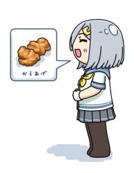 Rule 34 | 1girl, black pantyhose, chicken nuggets, closed eyes, commentary request, full body, grey hair, grey sailor collar, grey skirt, hair ornament, hair over one eye, hairclip, hama! (3toshinhmkz), hamakaze (kancolle), hand on own stomach, kantai collection, neckerchief, no nose, open mouth, pantyhose, pleated skirt, sailor collar, school uniform, serafuku, short hair, simple background, skirt, smile, solo, spoken food, white background, yellow neckerchief