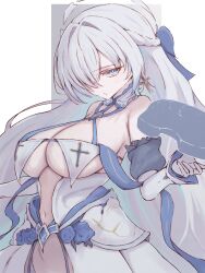 Rule 34 | 1006kbps, 1girl, absurdres, azur lane, bare shoulders, blue bow, blue eyes, blue flower, bow, breasts, brennus (azur lane), center opening, closed mouth, cross, cross earrings, dress, dress flower, earrings, flower, gloves, hair bow, hair intakes, hair over one eye, highres, instrument, jewelry, large breasts, long hair, looking at viewer, navel, simple background, solo, very long hair, violin, white dress, white gloves, white hair