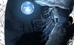 Rule 34 | 1girl, blue eyes, blue hair, closed mouth, cracked skin, elden ring, forest, from side, full moon, hat, highres, kankan33333, moon, nature, night, night sky, profile, ranni the witch, sky, smile, solo, star (sky), starry sky, white hat, witch hat