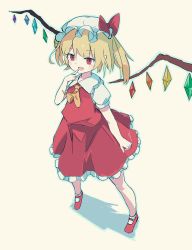 Rule 34 | 1girl, ar (maeus), ascot, blonde hair, blush, bow, crystal, fang, flandre scarlet, frilled skirt, frills, full body, hand up, hat, mary janes, pointing, pointing at self, puffy short sleeves, puffy sleeves, red bow, red eyes, red footwear, red skirt, shoes, short sleeves, skirt, skirt set, smile, solo, touhou, vest, white background, white hat, wings, yellow ascot