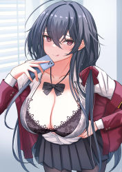 Rule 34 | absurdres, ahoge, armband, azur lane, black bow, black bowtie, black bra, black hair, black skirt, bow, bowtie, bra, bra visible through clothes, breasts, cellphone, cleavage, crossed bangs, elina (eri15), hair ribbon, highres, holding, holding phone, jacket, lace, lace-trimmed bra, lace trim, large breasts, leaning forward, long hair, low twintails, neck ribbon, off shoulder, official alternate costume, open clothes, open jacket, phone, pleated skirt, red eyes, red jacket, ribbon, see-through, see-through shirt, skirt, smartphone, taihou (azur lane), taihou (sweet time after school) (azur lane), twintails, underwear, yellow armband
