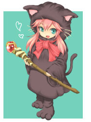 Rule 34 | 1girl, animal costume, animal ears, animal hood, bow, cat costume, cat ears, cat hood, cat tail, fake animal ears, fake tail, fang, full body, heart, holding, holding staff, hood, hood up, kazane chinya, long hair, long sleeves, open mouth, original, paw shoes, pink hair, smile, solo, staff, tail
