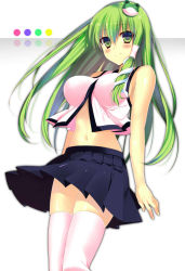 Rule 34 | 1girl, bare arms, bare shoulders, breasts, crop top, crop top overhang, frog hair ornament, green eyes, green hair, hair ornament, hisaka hazara, impossible clothes, impossible shirt, kochiya sanae, large breasts, long hair, looking at viewer, matching hair/eyes, midriff, navel, pink thighhighs, pleated skirt, shiny skin, shirt, skindentation, skirt, sleeveless, sleeveless shirt, smile, snake hair ornament, solo, thighhighs, touhou, very long hair, wind, wind lift, zettai ryouiki