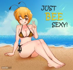 Rule 34 | 1girl, antennae, arm support, arthropod girl, barefoot, beach, bee girl, bee wings, bikini, black bikini, blonde hair, blush, breasts, brown eyes, cleavage, cloud, collarbone, dakunart, insect girl, insect wings, large breasts, light rays, looking at viewer, mely, ocean, one eye closed, pun, sand, short hair, side-tie bikini bottom, sitting, sky, smile, stinger, striped bikini, striped clothes, sunbeam, sunlight, swimsuit, tongue, tongue out, v, water, wings, wink, yellow bikini