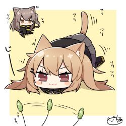 Rule 34 | 2girls, :3, animal ears, blush stickers, brown eyes, brown hair, cat ears, cat tail, cattail, chibi, dokumi, girls&#039; frontline, hair ornament, hairclip, imminent pounce, kemonomimi mode, long hair, long sleeves, multiple girls, plant, pleated skirt, scarf, side ponytail, signature, sitting, skirt, sleeves past wrists, tail, twintails, ump45 (girls&#039; frontline), ump9 (girls&#039; frontline)
