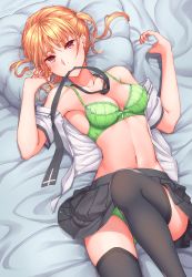 Rule 34 | 1girl, absurdres, anjaku112, arms at sides, bad id, bad pixiv id, bed, bed sheet, black thighhighs, blonde hair, blouse, bow, bow bra, bra, breasts, cleavage, cowboy shot, from above, green bra, green panties, highres, looking at viewer, lying, medium breasts, mouth hold, navel, necktie, off shoulder, on back, one side up, open clothes, original, panties, pillow, pleated skirt, red eyes, shirt, short hair, short sleeves, skirt, solo, thighhighs, underwear, white shirt, zettai ryouiki