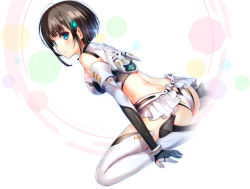 Rule 34 | 1girl, anemori ayano, arm support, ass, bare shoulders, black hair, blue eyes, blush, boots, crop top, dmm, from behind, hair ornament, hairclip, high heels, highres, looking at viewer, looking back, midriff, misaki kurehito, official art, ragnastrike angels, sitting, solo, thigh boots, thighhighs, wariza, white thighhighs