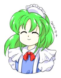 Rule 34 | 1girl, 2023, ^ ^, bow, bowtie, closed eyes, closed mouth, dated, green hair, long hair, maid headdress, nonamejd, official style, red bow, red bowtie, ruukoto, simple background, smile, solo, touhou, touhou (pc-98), upper body, white background, zun (style)