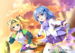 Rule 34 | 2girls, :d, ahoge, blonde hair, blue eyes, blue hair, bow, breasts, brick wall, brown footwear, cleavage, cloud, cloudy sky, copyright notice, delphinium (flower knight girl), flat chest, flower knight girl, frilled skirt, frills, green eyes, hair between eyes, hair ornament, jacket, loafers, medium breasts, medium hair, multicolored hair, multiple girls, official art, open mouth, outdoors, outstretched arms, plaid, plaid skirt, pleated skirt, purple bow, purple hair, purple skirt, rananculus (flower knight girl), running, shirt, shoes, skirt, sky, smile, streaked hair, sunset, thighhighs, umeko machi, v-shaped eyebrows, white jacket, white shirt, white thighhighs