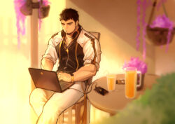 Rule 34 | 1boy, absurdres, baimeme, bara, beard, black hair, computer, dungeon and fighter, facial hair, feet out of frame, flower, highres, indoors, juice, laptop, looking down, male focus, male priest (dungeon and fighter), mature male, muscular, muscular male, orange juice, pectorals, pink flower, short hair, sitting, sleeves rolled up, solo, sunlight, thick eyebrows, typing
