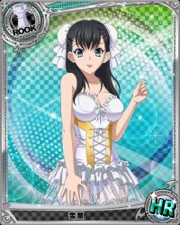 Rule 34 | 10s, 1girl, :p, black hair, blue eyes, breasts, bun cover, card (medium), chess piece, cleavage, double bun, dress, female focus, garter straps, hand on thigh, high school dxd, large breasts, long hair, official art, rook (chess), solo, tongue, tongue out, trading card, white dress, xuelan