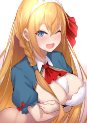 Rule 34 | ;d, blue eyes, blush, bottomless, braid, breasts, cleavage, covering privates, covering one breast, dean (momodean), food, gradient background, hair ribbon, highres, large breasts, long hair, looking at viewer, one breast out, one eye closed, onigiri, open mouth, pecorine (princess connect!), princess connect!, red neckwear, red ribbon, ribbon, shrug (clothing), side braid, smile, solo, straight hair, tiara, upper body, very long hair, white background