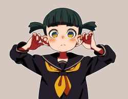 Rule 34 | 1girl, ammonio, black hair, blunt bangs, blush, expressionless, grey background, hand on own ear, looking at viewer, original, pulling own ear, school uniform, serafuku, short hair, short twintails, simple background, solo, twintails, upper body, yellow eyes