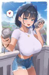 Rule 34 | 1girl, alternate costume, archinoer, black hair, blue eyes, blue hair, blue shorts, blue sky, blush, breasts, can, colored inner hair, commentary, cowboy shot, crop top, day, denim, denim shorts, english commentary, fangs, hair intakes, hair ornament, hairclip, heart, highres, holding, holding can, hololive, hololive english, huge breasts, impossible clothes, impossible shirt, jewelry, large breasts, looking at viewer, medium hair, midriff, multicolored hair, navel, necklace, open fly, open mouth, ouro kronii, shirt, short hair, short shorts, short sleeves, shorts, skin fangs, sky, smile, solo, spoken heart, sweat, two-tone hair, virtual youtuber, white shirt