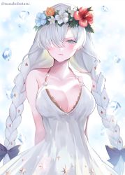 Rule 34 | 1girl, anastasia (fate), anastasia (swimsuit archer) (fate), anastasia (swimsuit archer) (second ascension) (fate), black bow, blue eyes, bow, braid, breasts, cleavage, closed mouth, commentary request, dress, fate/grand order, fate (series), hair bow, hair over one eye, head wreath, highres, long hair, looking at viewer, medium breasts, sleeveless, sleeveless dress, solo, suzuho hotaru, twin braids, twitter username, very long hair, white dress, white hair