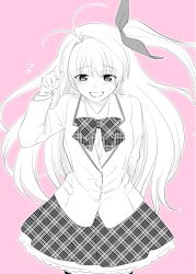 Rule 34 | 1girl, chaos;head, hair ribbon, hand in own hair, ikuhashi muiko, pink background, ribbon, sakihata rimi, school uniform, solo