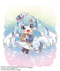 Rule 34 | 1girl, :d, alolan form, alolan vulpix, aqua eyes, aqua hair, band uniform, beamed eighth notes, blush, chibi, clothed pokemon, commentary request, copyright notice, creatures (company), crossover, crypton future media, eighth note, epaulettes, french horn, fringe trim, game freak, gen 7 pokemon, gloves, gradient background, gradient hair, hair ornament, hat, hat feather, hatsune miku, holding, holding instrument, horn (instrument), instrument, long hair, long sleeves, looking at viewer, mini hat, mini shako cap, mini top hat, multicolored hair, musical note, musical note background, musical note print, nintendo, nishida yuu, official art, open mouth, outstretched arm, pantyhose, piapro, pleated skirt, pokemon, pokemon (creature), sheet music, sidelocks, skirt, smile, snowflake background, snowflake print, solo focus, top hat, twintails, very long hair, vocaloid, white footwear, white gloves, white skirt, x hair ornament, yuki miku, yuki miku (2020)
