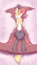 Rule 34 | 1girl, animal ears, animal hands, armpits, arms up, bed sheet, blush, breasts, creatures (company), dakimakura (medium), delphox, feet, fox ears, fox tail, from above, full body, furry, furry female, game freak, gen 6 pokemon, hair ornament, highres, kajinchu, knees together feet apart, looking above, lying, nintendo, on back, own hands together, pokemon, pokemon (creature), pokemon sm, ponytail, red eyes, shiny skin, small breasts, solo, tail