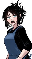 Rule 34 | 1girl, absurdres, apron, aqua eyes, bento girl (kanke (kank06020602)), black hair, black shirt, blue apron, blue eyes, furrowed brow, hairstyle request, highres, kanke (kank06020602), light blush, long bangs, long sleeves, looking at viewer, looking to the side, messy hair, mole, mole on neck, mole under mouth, original, pale skin, shirt, shouting, simple background, solo, thick eyebrows, tongue, two-tone eyes, white background