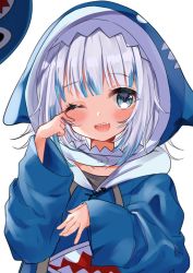 Rule 34 | 1girl, agaki anko, animal hood, blue eyes, blue hair, blue hoodie, blush, commentary, drawstring, gawr gura, gawr gura (1st costume), hand up, highres, hololive, hololive english, hood, hood up, hoodie, long sleeves, looking at viewer, multicolored hair, shark hood, silver hair, simple background, sleeves past wrists, solo, streaked hair, upper body, virtual youtuber, white background, wide sleeves