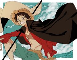 Rule 34 | 1boy, bird, blue shorts, cloud, commentary request, flag, hat, highres, looking at viewer, male focus, monkey d. luffy, one piece, open clothes, open shirt, red shirt, rokurnshu003, sash, scar, scar on chest, scar on face, shirt, shorts, sitting, sky, smile, solo, straw hat, yellow sash