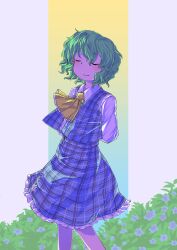 Rule 34 | absurdres, arm behind back, ascot, blue background, blue skirt, blue vest, bush, buttons, closed eyes, closed mouth, collared shirt, flower ornament, gradient background, green hair, highres, iruka no hito, kazami yuuka, light blush, open clothes, open vest, plaid, plaid vest, shirt, skirt, skirt set, smile, touhou, vest, white background, yellow ascot, yellow background