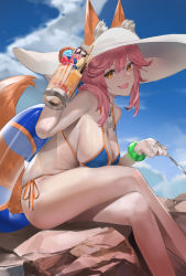 Rule 34 | 1girl, animal ear fluff, animal ears, bare shoulders, bikini, blazpu, blue bikini, blue sky, blush, bracelet, breasts, cleavage, collarbone, crossed legs, cup, fate/grand order, fate (series), food, fox ears, fox girl, fox tail, hat, highres, ice cream, ice cream float, innertube, jewelry, large breasts, long hair, looking at viewer, mug, necklace, open mouth, pink hair, side-tie bikini bottom, sidelocks, sitting, sky, smile, solo, sun hat, swim ring, swimsuit, tail, tamamo (fate), tamamo no mae (fate/extra), tamamo no mae (swimsuit lancer) (fate), tamamo no mae (swimsuit lancer) (third ascension) (fate), thighs, white hat, yellow eyes