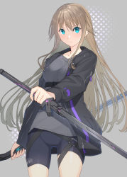 Rule 34 | 1girl, aqua eyes, bike shorts, black coat, black shirt, black shorts, brown hair, closed mouth, coat, commentary, dual wielding, english commentary, frown, grey background, grey shirt, highres, holding, holding sword, holding weapon, long sleeves, looking at viewer, open clothes, open coat, original, raitho, reverse grip, shirt, shorts, solo, sword, thigh strap, weapon