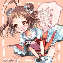 Rule 34 | 10s, 1girl, ahoge, antenna hair, bent over, blush, brown eyes, brown hair, collarbone, double bun, dress, embarrassed, gloves, hair bun, hair ornament, kantai collection, microphone, naka (kancolle), naka kai ni (kancolle), sailor dress, shiny skin, solo, teltelhousi, thighhighs, translation request, twitter username, white gloves, wind, wind lift