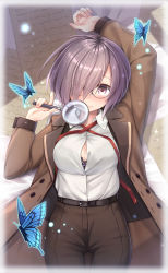 Rule 34 | 1girl, belt, black bra, blazer, bra, breasts, bug, butterfly, cleavage, closed mouth, commentary request, fate/grand order, fate (series), glasses, hair over one eye, highres, insect, jacket, long sleeves, looking at viewer, magnifying glass, mash kyrielight, medium breasts, neck ribbon, nullken, official alternate costume, pink eyes, purple hair, red neckwear, shirt, short hair, smile, solo, underwear, undone neck ribbon, white shirt