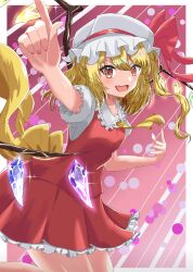 Rule 34 | 1girl, :d, ascot, blonde hair, crystal, fang, flandre scarlet, hat, hat ribbon, highres, index finger raised, lobstrater64, looking at viewer, mob cap, one side up, open mouth, pink nails, red eyes, red ribbon, red skirt, red vest, ribbon, shirt, short sleeves, skirt, smile, solo, touhou, vest, white hat, white shirt, wings, yellow ascot