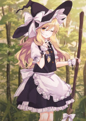 Rule 34 | 1girl, ;), apron, black hat, black ribbon, black skirt, black vest, blonde hair, blush, bow, broom, commentary request, feet out of frame, forest, frilled apron, frills, grey bow, hair between eyes, hair bow, hand up, hat, hat bow, holding, holding broom, kirisame marisa, long hair, looking at viewer, nature, neck ribbon, one eye closed, outdoors, partial commentary, puffy short sleeves, puffy sleeves, purin jiisan, ribbon, shirt, short sleeves, skirt, skirt set, smile, solo, standing, touhou, vest, waist apron, white apron, white bow, white shirt, witch hat, wrist cuffs, yellow eyes