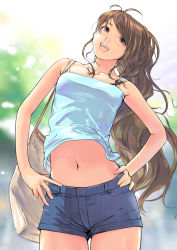 Rule 34 | 1girl, bag, brown eyes, brown hair, carina (xiaowoo), hands on own hips, happy, highres, long hair, midriff, navel, open mouth, original, shorts, smile, solo, tank top, very long hair