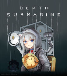 Rule 34 | 2girls, ahoge, american flag neckwear, animal ear fluff, animal ears, azur lane, bb-28, bb-28 (cosplay), blue eyes, cat ears, closed mouth, cosplay, crossover, death stranding, diving suit, english text, hair between eyes, hammann (azur lane), headset, hm (hmongt), hood, hoodie, i-168 (azur lane), manjuu (azur lane), multiple girls, partially submerged, twitter username, wavy mouth, white hair