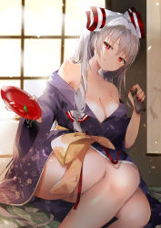 Rule 34 | 1girl, :p, absurdres, alcohol, bare shoulders, bottle, bow, breasts, cleavage, collarbone, cup, floral print, fujiwara no mokou, hair bow, head tilt, highres, hiiro60, holding, holding bottle, japanese clothes, kimono, large breasts, long hair, looking at viewer, nail polish, off shoulder, pink nails, print kimono, purple kimono, red bow, red eyes, sakazuki, sake, short kimono, silver hair, sitting, smile, solo, spilling, tokkuri, tongue, tongue out, touhou, two-tone bow, very long hair, white bow