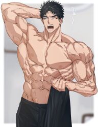 Rule 34 | 1boy, abs, armpits, bara, black hair, black pants, black shirt, blue eyes, domo (domo kizusuki), eyelashes, highres, holding, holding clothes, indoors, large pectorals, looking to the side, male focus, muscular, muscular male, navel, nipples, one eye closed, open mouth, original, pants, pectorals, shido (domo), shirt, short hair, sideburns, solo, thick eyebrows, topless male, translated, unworn clothes, unworn shirt, upper body, veins, yawning