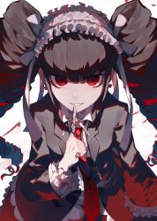 Rule 34 | 1girl, black hair, black jacket, black nails, bonnet, celestia ludenberg, center frills, chikichi, claw ring, commentary request, danganronpa: trigger happy havoc, danganronpa (series), drill hair, finger to own chin, frills, from above, gothic lolita, grin, highres, index finger raised, jacket, lolita fashion, long hair, long sleeves, looking at viewer, nail polish, necktie, red eyes, red necktie, shirt, simple background, smile, solo, twin drills, twintails, upper body, white background