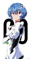 Rule 34 | 1990s (style), 1girl, absurdres, arm at side, artist name, ayanami rei, blue hair, cowboy shot, gloves, hair between eyes, hand on own arm, headgear, highres, looking at viewer, neon genesis evangelion, number background, parted lips, plugsuit, red eyes, retro artstyle, short hair, signature, solo, tatuo labo, white background, white gloves