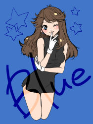 Rule 34 | 1girl, black dress, blue background, blue eyes, breasts, brown hair, character name, closed mouth, creatures (company), dress, earrings, game freak, gloves, green (pokemon), jewelry, long hair, looking at viewer, mokorei, nintendo, pokemon, pokemon adventures, simple background, sleeveless, smile, solo, white gloves