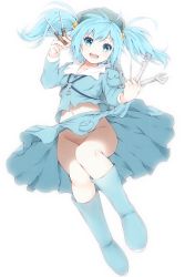 Rule 34 | 1girl, backpack, bag, blue eyes, blue hair, blush, boots, from below, full body, groin, hair bobbles, hair ornament, hat, highres, kawashiro nitori, key, legs, matching hair/eyes, mikoma sanagi, navel, no panties, open mouth, revision, screwdriver, short hair, simple background, smile, solo, touhou, twintails, two side up, upskirt, white background, wrench