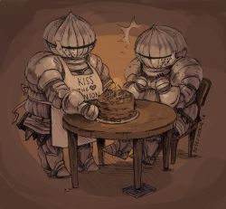 Rule 34 | 1boy, 1girl, armor, birthday cake, cake, covered face, dark souls (series), father and daughter, food, full armor, gauntlets, helmet, jesscookie, shoulder armor, sieglinde of catarina, siegmeyer of catarina, table