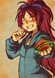 Rule 34 | 10s, 1girl, bow, burger, casual, eating, fang, food, french fries, from side, grin, hair bow, holding, holding food, hood, hoodie, interacting with viewer, long hair, long sleeves, looking at viewer, mahou shoujo madoka magica, mahou shoujo madoka magica (anime), mamebato, one eye closed, ponytail, red eyes, red hair, sakura kyoko, smile, solo, upper body, zipper