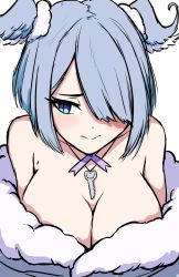 Rule 34 | 1girl, absurdres, blue hair, breasts, cleavage, daydarion, elira pendora, elira pendora (2nd costume), embarrassed, fur trim, hair over one eye, highres, jewelry, key, large breasts, looking to the side, mole, necklace, nijisanji, nijisanji en, off shoulder, official alternate costume, one eye covered, portrait, solo, virtual youtuber, white background