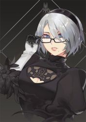 Rule 34 | 1girl, black-framed eyewear, black blindfold, black gloves, blindfold, blue eyes, breasts, cleavage, cleavage cutout, clothing cutout, feather-trimmed sleeves, feather trim, glasses, gloves, grey hair, hairband, ian olympia, medium breasts, mole, mole under mouth, nier (series), nier:automata, parted lips, puffy sleeves, short hair, solo, turtleneck, upper body, 2b (nier:automata)