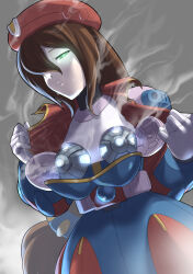 Rule 34 | 1girl, android, beret, breasts, brown hair, commentary request, cowboy shot, dress, dutch angle, gloves, glowing, glowing eyes, green eyes, hair between eyes, hat, highres, hypericum (mppv1862), iris (mega man), long hair, looking at viewer, low-tied long hair, mechanical parts, medium breasts, mega man (series), mega man x4, mega man x (series), pale skin, parted lips, red hat, sexually suggestive, solo, standing, steaming body, sweat, undressing, very long hair, white gloves